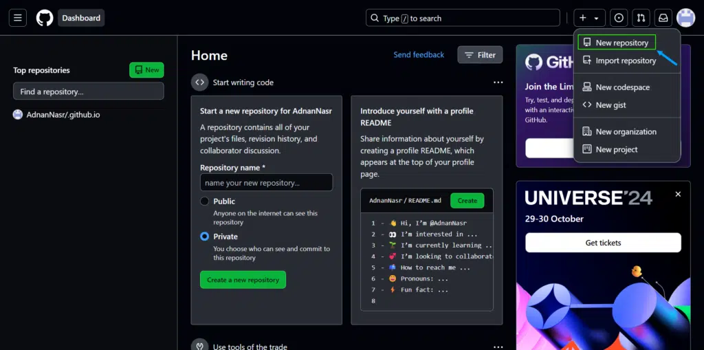 استخدام github لعرض موقع الويب المحلي